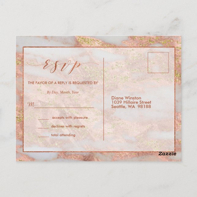 Elegant Formal Rose Gold Marble RSVP Enclosure Postcard (Back)