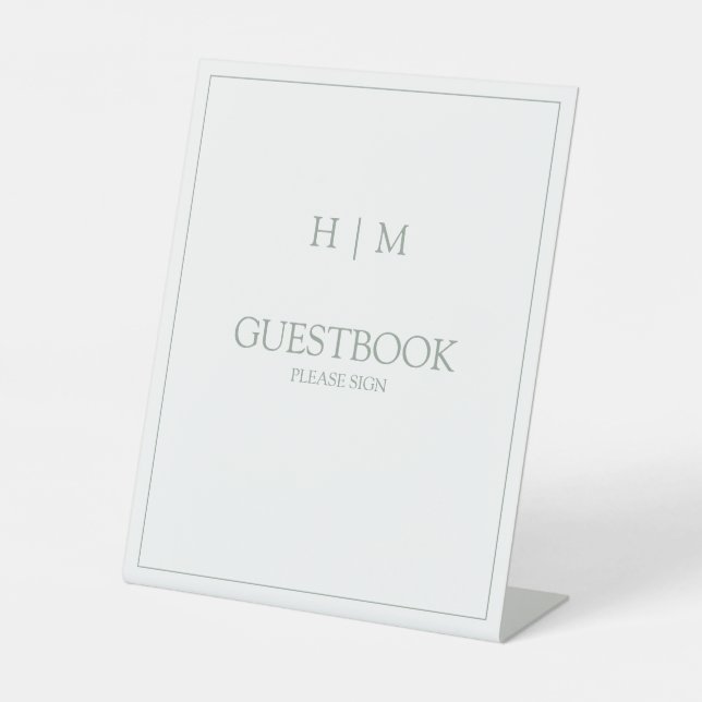 Elegant Formal Sage Green Monogram Guestbook Pedestal Sign (Front)