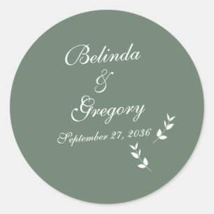 Elegant Formal Sage Olive Green Script Wedding Classic Round Sticker
