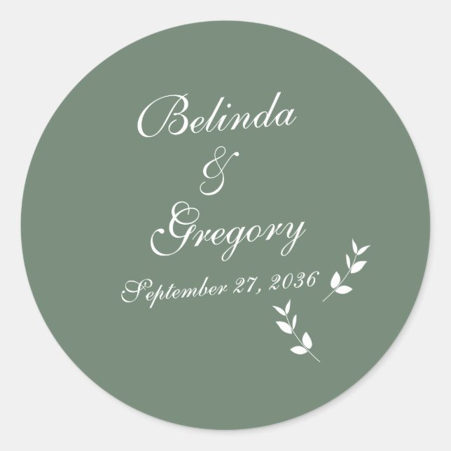 Elegant Formal Sage Olive Green Script Wedding Classic Round Sticker (Front)