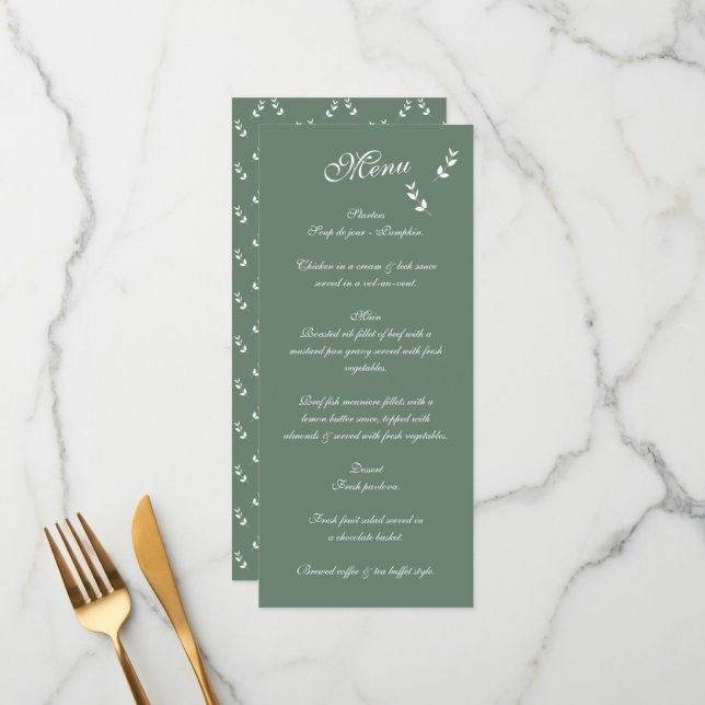 Elegant Formal Sage Olive Green Script Wedding Menu (Front/Back In Situ)