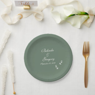 Elegant Formal Sage Olive Green Script Wedding Paper Plate