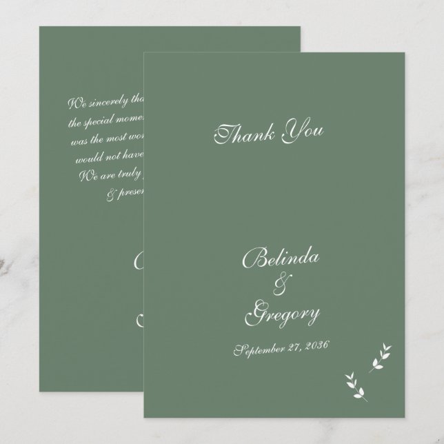 Elegant Formal Sage Olive Green Script Wedding Thank You Card (Front/Back)