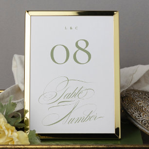 Elegant Formal Sage on White Calligraphy Wedding Table Number