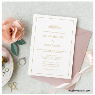 Elegant Formal Script Gold Frame Muslim Wedding Invitation