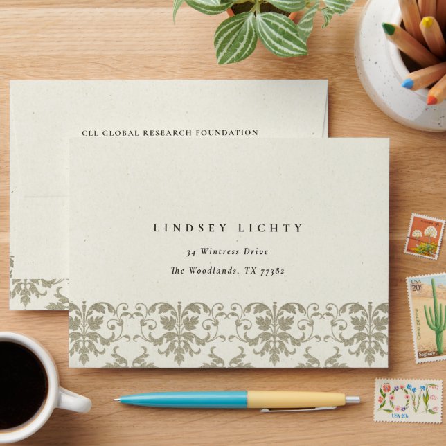 Elegant Formal Silver Ivory Damask Address Envelope (Desk)