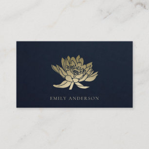 ELEGANT FORMAL TRENDY NAVY FAUX GOLD LOTUS FLORAL BUSINESS CARD