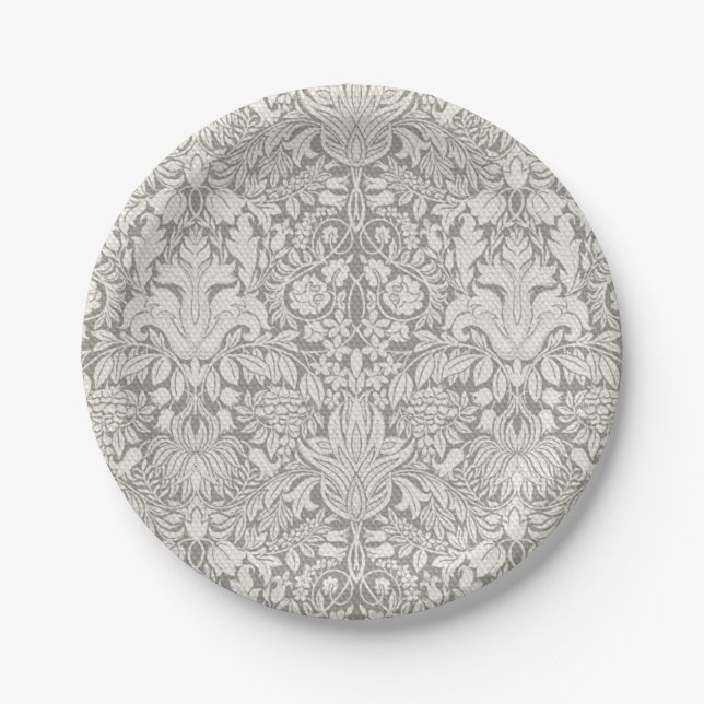 elegant formal white damask lace brocade paper plate (Front)