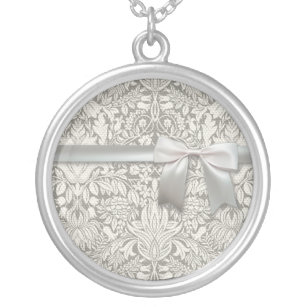 elegant formal white damask lace brocade silver plated necklace