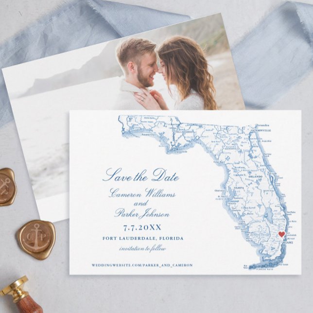 Elégant Fort Lauderdale Florida Mariage Navy Carte (Elegant Fort Lauderdale Wedding Save the Date with navy blue map from Coastal Map Designs)