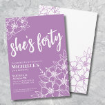 Elegant Forty Purple 40th Birthday Party Invitation<br><div class="desc">Elegant Forty Purple 40th Birthday Party Invitation. A fun but elegant 50th birthday party invitation with feminine lavender purple and white flowers for the young at heart. A playful flower pattern frames a script typography "she's forty" mixed with a more classic serif font. Celebrate forty years of life with this...</div>
