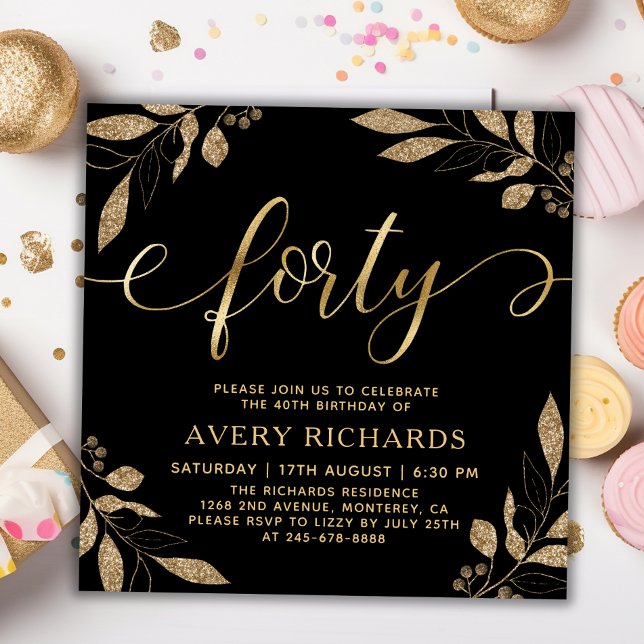 Elegant Forty Script Gold Black 40th Birthday Invitation (Creator Uploaded)