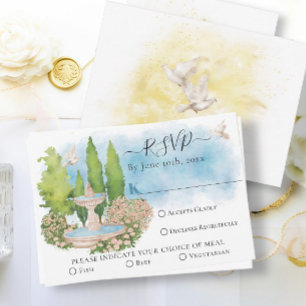Elegant Fountain flower, doves Summer Wedding RSVP Card