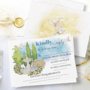 Elegant Fountain flower trees doves Wedding RSVP Card