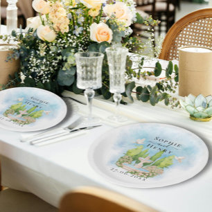 Elegant Fountain flowers doves Wedding Luxury Paper Plate