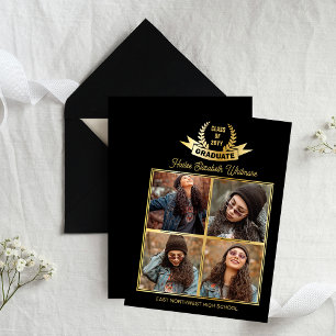 Elegant Four Photo Black   Gold Graduation Announcement