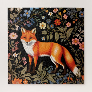 Elegant Fox Black Colorful Floral Jigsaw Puzzle