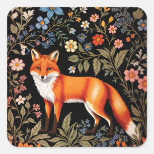 Elegant Fox Black Colorful Floral Square Sticker
