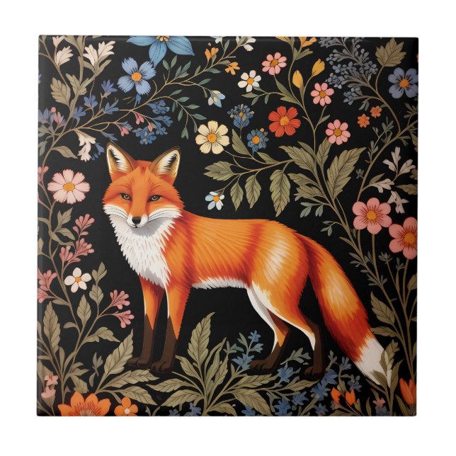 Elegant Fox Black Colorful Floral Tile (Front)