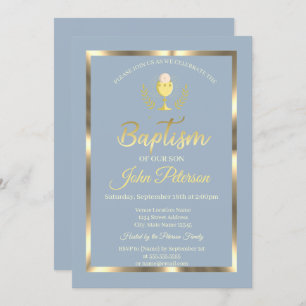 Elegant Frame Baptism Dusty Blue Invitation