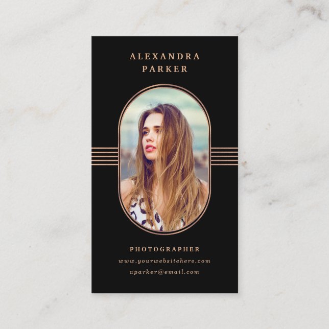 Elegant Frame | Black and Rose Gold Photo Business Card (Front)