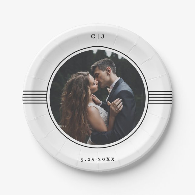 Elegant Frame | Black and White Photo Wedding Paper Plate (Front)