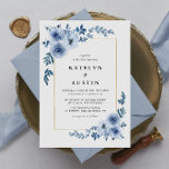 elegant frame blue floral wedding invitation<br><div class="desc">blue flowers with a gold frame and a dusty back colour.
You can change the wording,  text size,  colours and font on this template.</div>