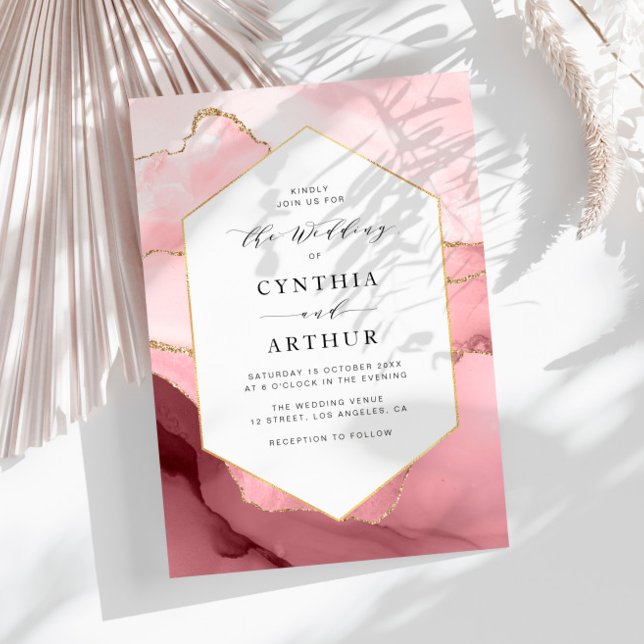 elegant frame blush pink and gold agate wedding invitation (Creator Uploaded)