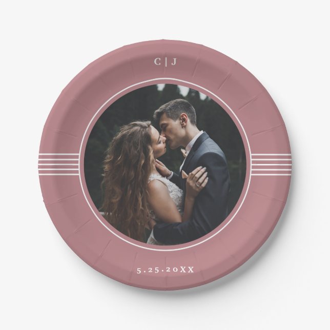 Elegant Frame | Dusty Rose Photo Wedding Paper Plate (Front)