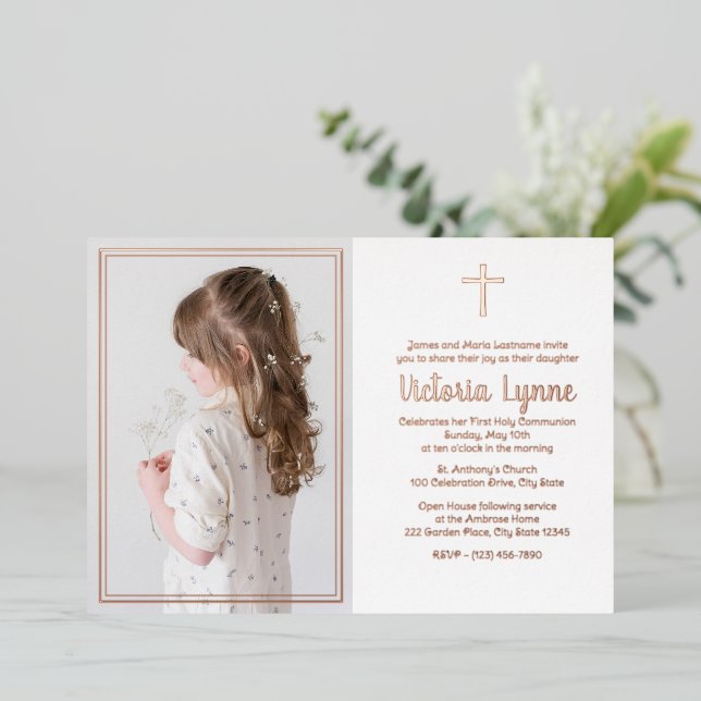 Elegant Frame First Communion with Photo Foil Holiday Card (Standing Front)