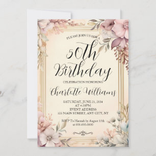 Elegant Frame Floral Women 50th Birthday Invitation