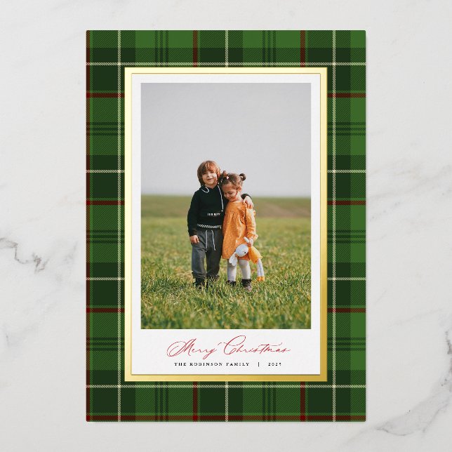 Elegant Frame Green Plaid Christmas Foil Card (Front)