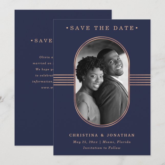 Elegant Frame | Navy Blue and Rose Gold with Photo Save The Date (Front/Back)