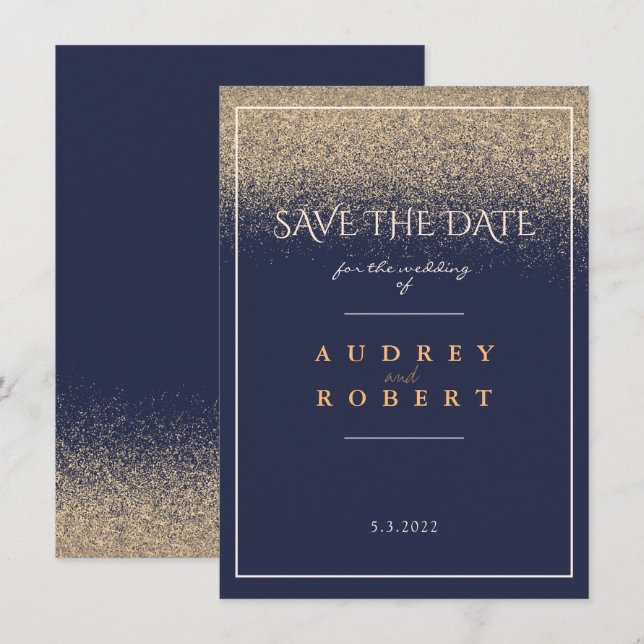 Elegant Frame Navy Blue Gold Glitter Wedding Save The Date (Front/Back)