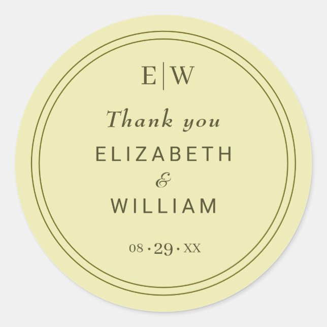 Elegant Frame on Celestial Yellow Monogram Wedding Classic Round Sticker (Front)
