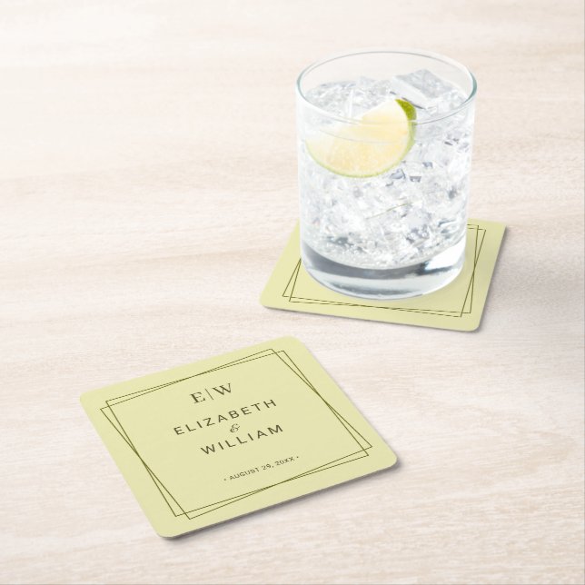 Elegant Frame on Celestial Yellow Monogram Wedding Square Paper Coaster (Insitu)