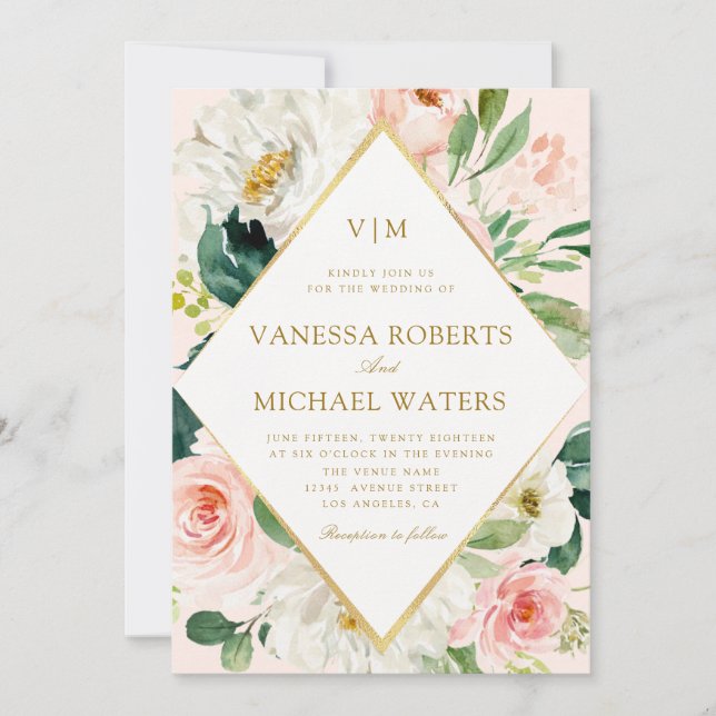 Elegant frame pink blush flowers wedding invitation (Front)