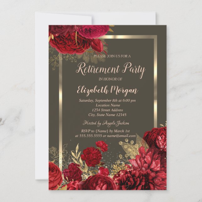 Elegant Frame Red Roses Black Retirement Invitation (Front)