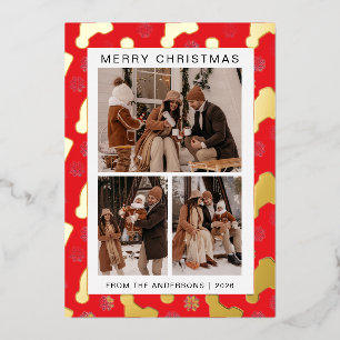 Elegant Frame Snow Christmas Family 3 Photo Foil Holiday Card
