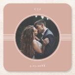 Elegant Frame | Terracotta Photo Wedding Square Paper Coaster<br><div class="desc">These elegant wedding coasters feature a round,  white frame surrounding your personal photo,  with matching geometric lines and modern text on a terracotta background. A minimalist and stylish design.</div>