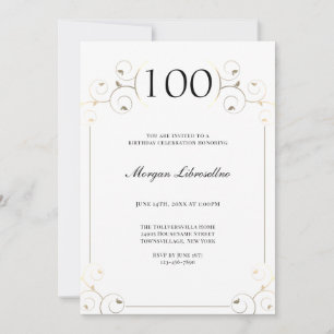 Elegant Frame White Gold 100th Birthday Invitation