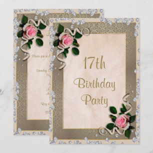 Elegant Framed Pink Roses 17th Birthday Invitation