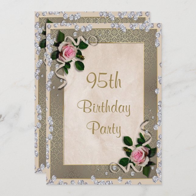 Elegant Framed Pink Roses 95th Birthday Invitation (Front/Back)