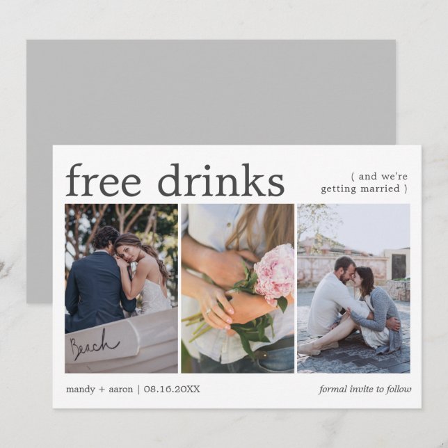 Elegant Free Drinks Three Photo Wedding Save The Date (Front/Back)