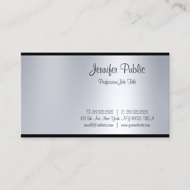 Elegant Freehand Script Silver Look Sleek Glamour Business Card (Front)