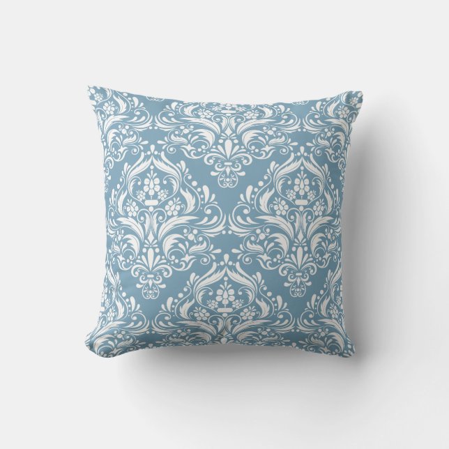 Elegant French Blue and White Damask Pattern Throw Pillow (Front)