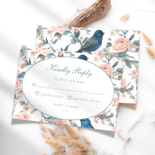Elegant French Blue Bird Floral Chinoiserie Kindly RSVP Card