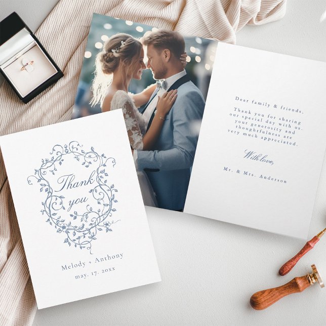 Elegant French Blue Floral Crest Wedding Photo Thank You Card (Front & Inside)