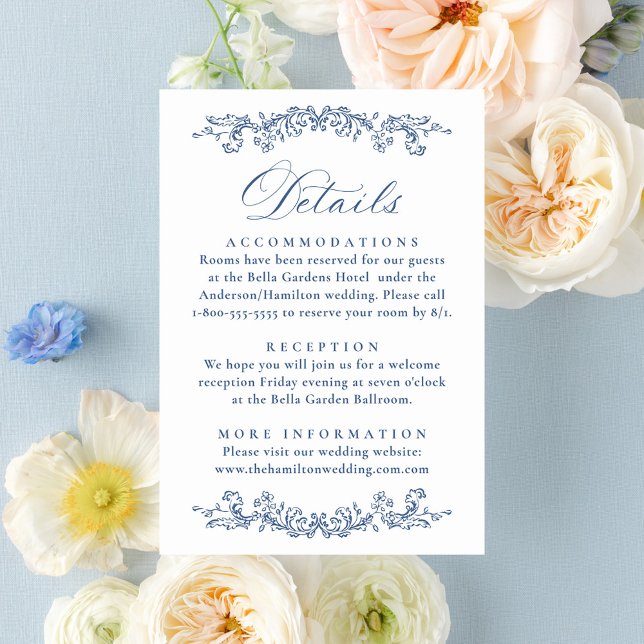 Elegant French Blue Floral Wedding Details Enclosure Card (Creator Uploaded)