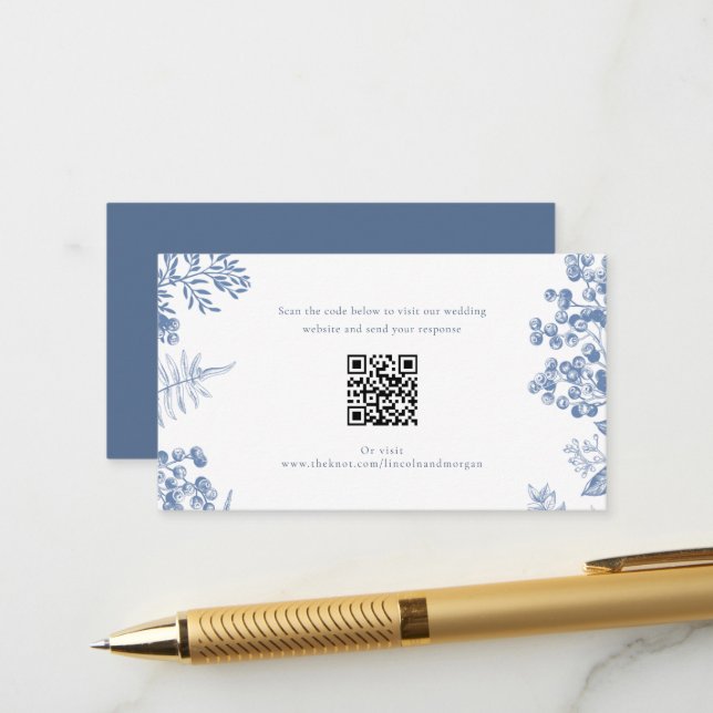 Elegant French Blue Floral Wedding QR Code  Enclosure Card (Front/Back In Situ)
